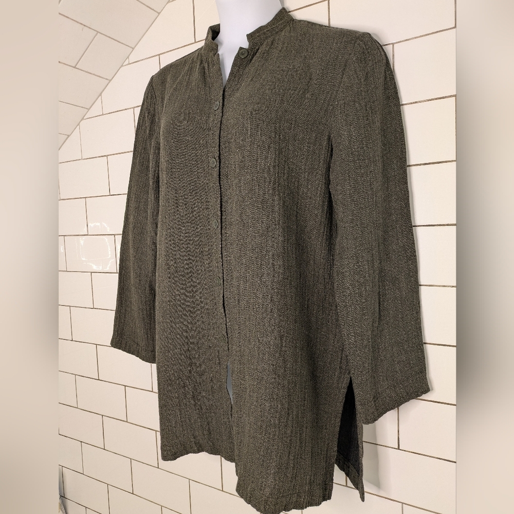 Eileen Fisher LG Linen Blend Olive Brown Mandarin Collar Button Down Shirt